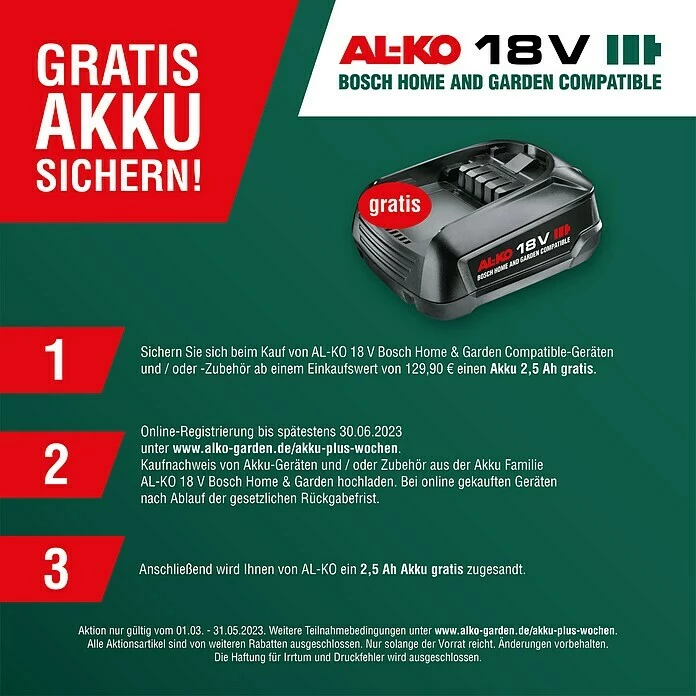 BAUHAUS AL-KO Bosch Home & Garden Compatible Akku-Rasenmäher Praktischer Tragegriff 18 V, 2 Akkus, 2,5 Ah, Schnittbreite: 32 Cm 2 BAUHAUS AL-KO Bosch Home & Garden Compatible Akku-Rasenmäher Praktischer Tragegriff 18 V, 2 Akkus, 2,5 Ah, Schnittbreite: 32 Cm – Bild 2